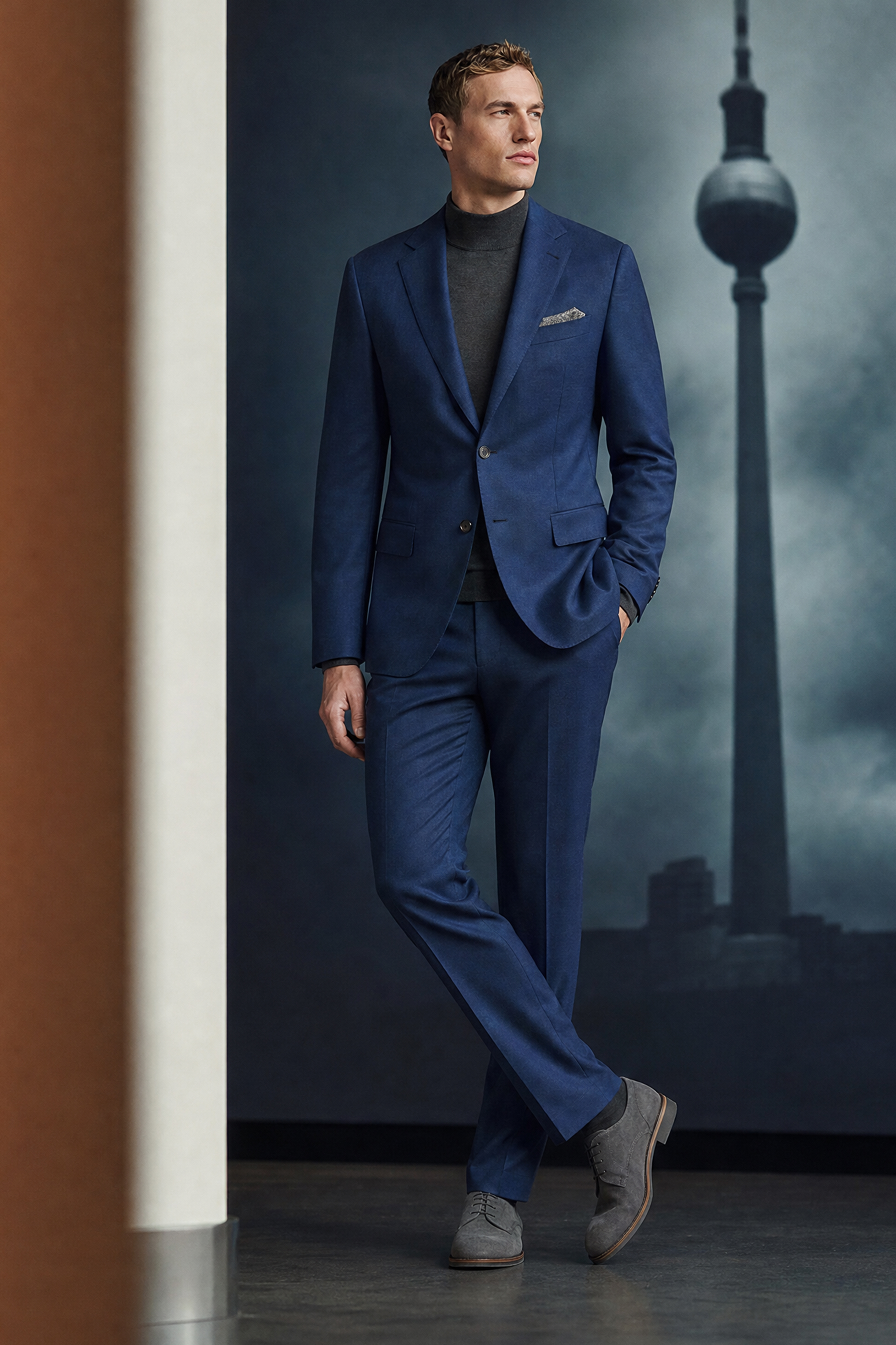 Donkerblauw pak met grijze heren schoenen