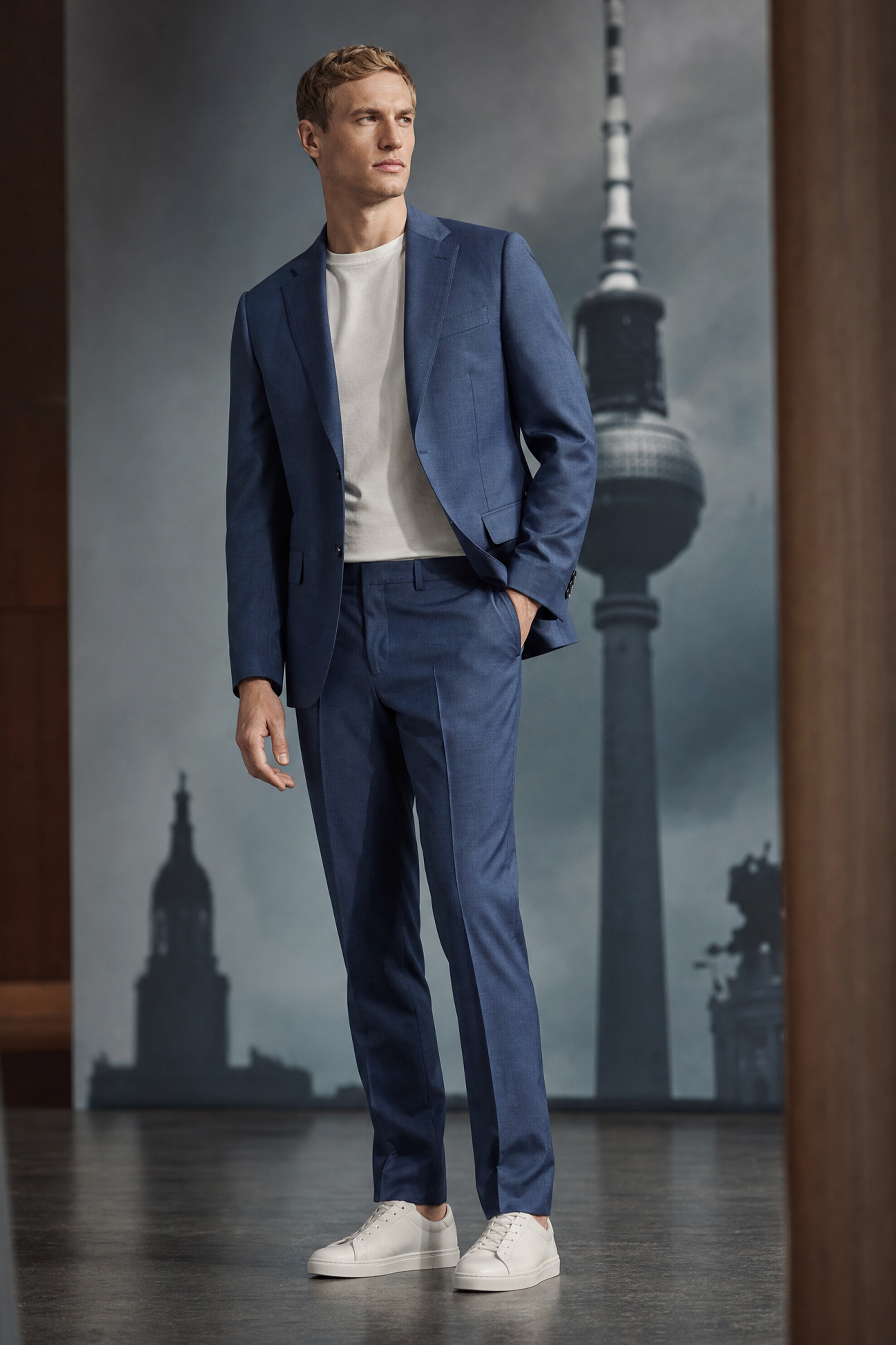 Donkerblauw pak met witte heren schoenen