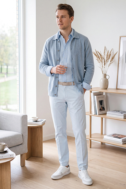 Een pastelkleur in een monochrome outfit